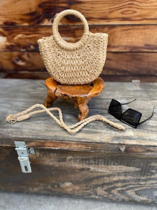 Mini Handwoven Rattan Straw Half Moon Boho Bag-Summer Beach Tote Crossbody - Picture 2 of 4
